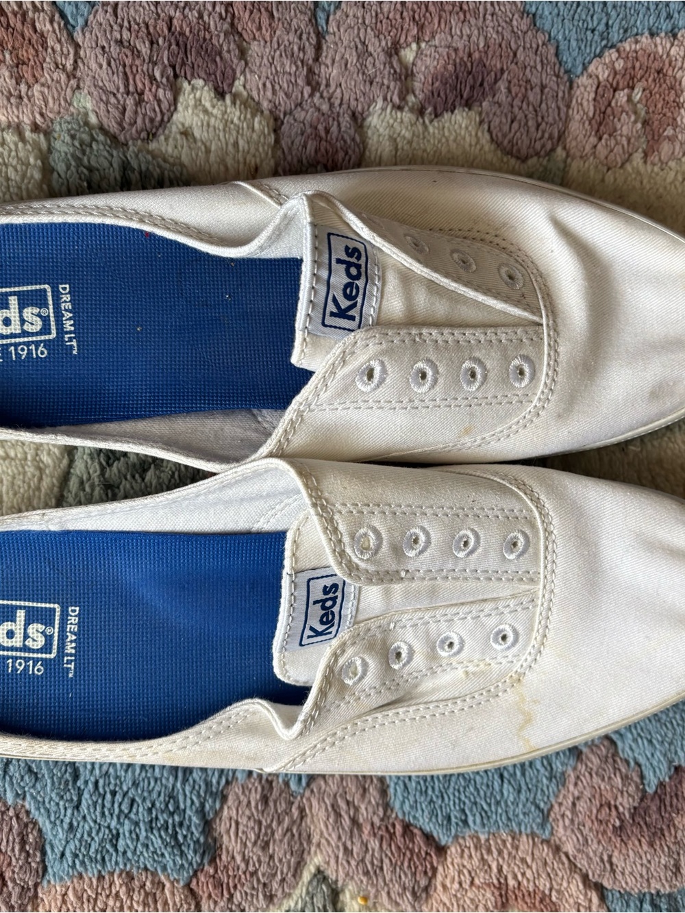 Keds White Canvas Slip-On Sneakers with Blue Insoles